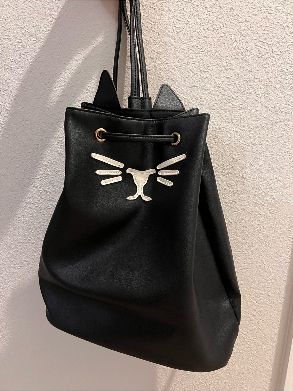 Deb & Dave Black Cat Drawstring Backpack | Kawaii Cat Ear Faux Leather Bag